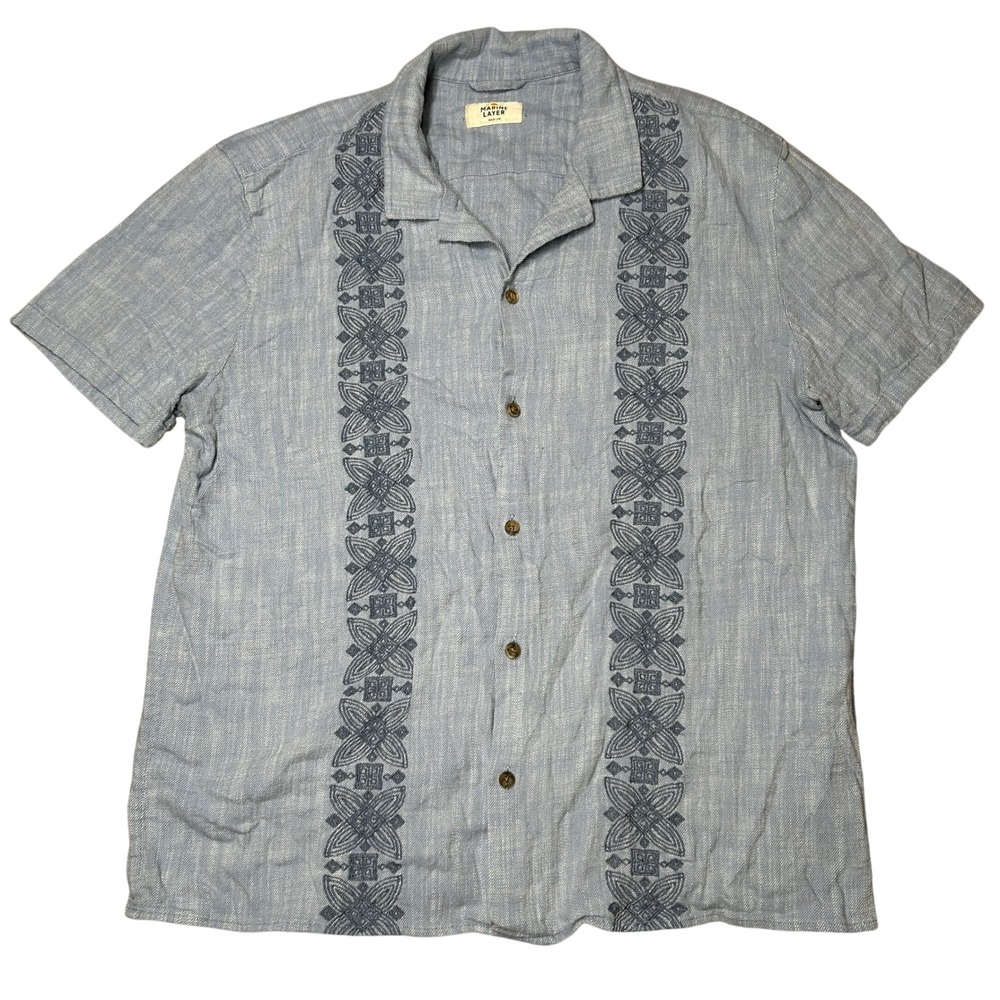 Marine Layer Mens Blue Embroidered Short Sleeve Button Down Shirt 15954 Medium